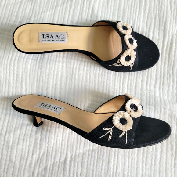 Vintage 90s Isaac Mizrahi Womens 8 Heel Sandals Low Kitten Heel Black Raffia - Picture 1 of 7